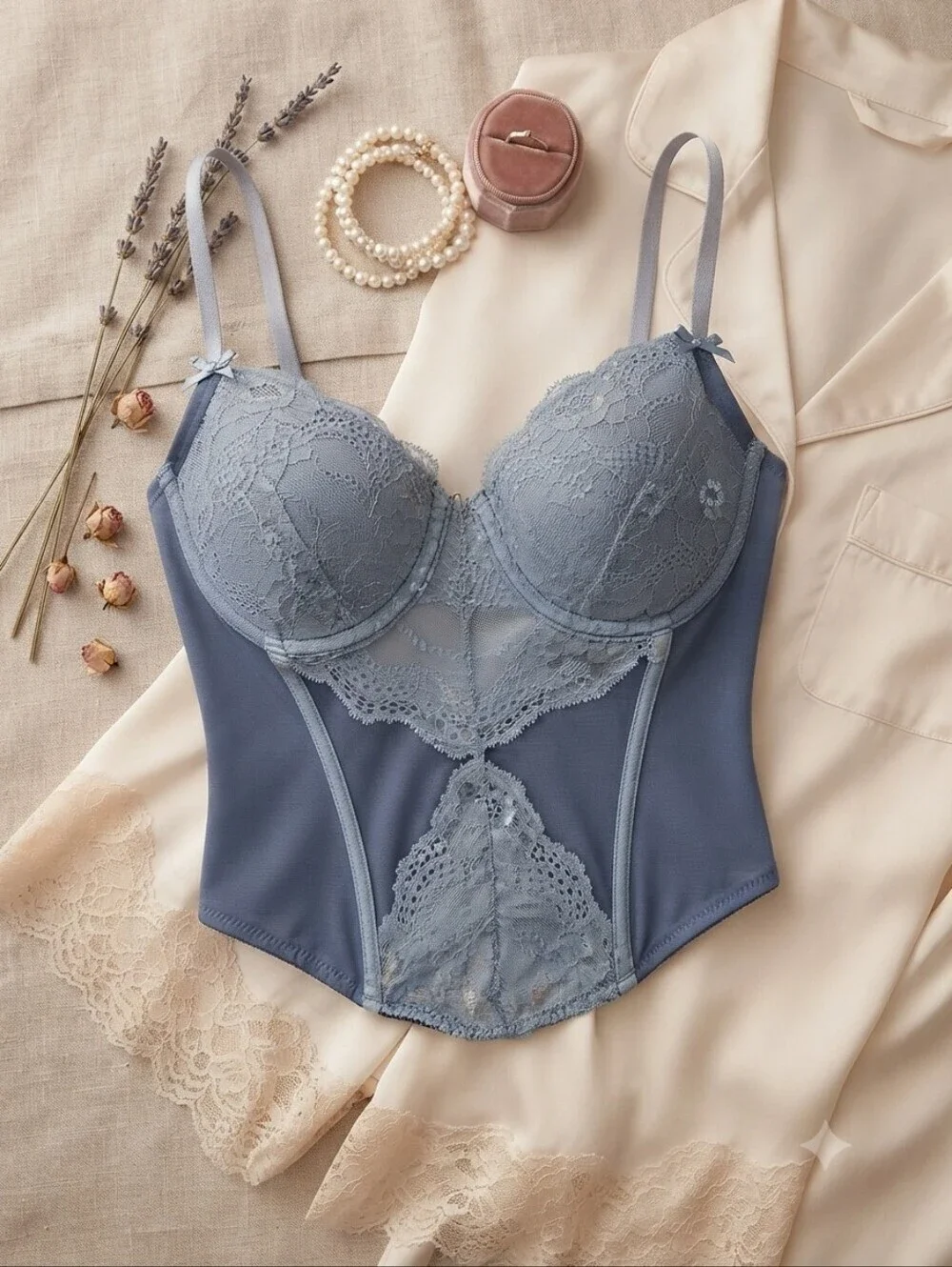 Adore Me Blue Mesh Lace Bustier Corset Lingerie Bra Top